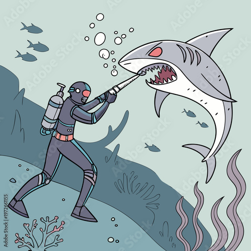 Scuba diver confronting a shark underwater with a harpoon-like device with marine life with deep sea with dark humor