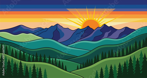 sunrise over mountain valley with pine forest vector illustration