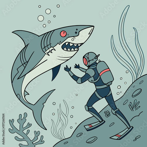 Scuba diver encountering a large aggressive shark underwater amidst ocean plants and bubbles with deep sea