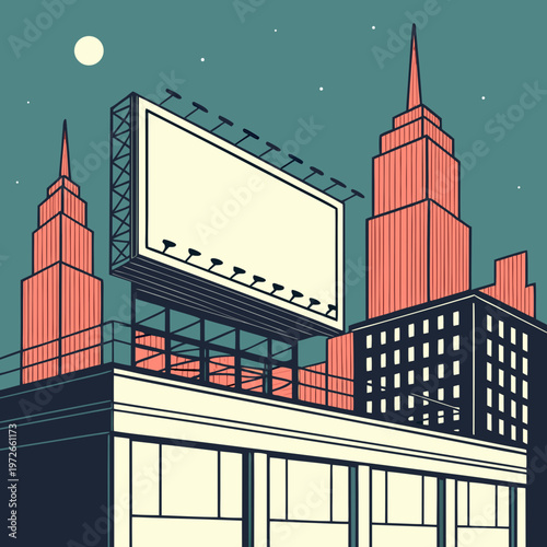 Large blank billboard on city building rooftop at night with skyscapers, moon, and stars, real estate, mock