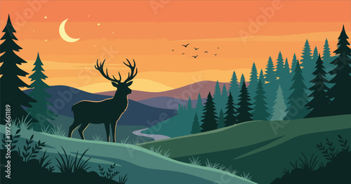 Majestic stag silhouette in a serene mountain landscape at sunset, vector illustration