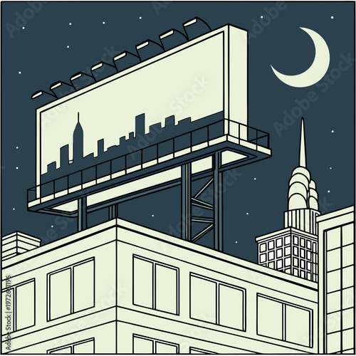 City silhouette graphic displayed on billboard at night on building rooftop with crescent moon with real estate with urban planning with travel agency with tourism board