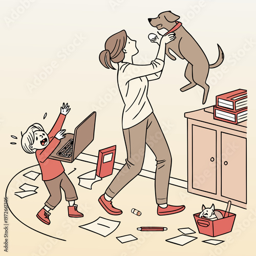 Distracted mother playing with dog while child struggles with laptop amidst chaotic home office with a cat sleeps peacefully in a basket nearby, unaware of the domestic chaos, work from home