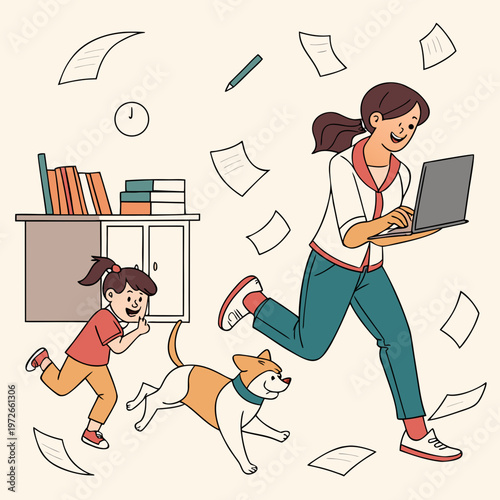 Smiling mother running with laptop, juggling work and family life with daughter and dog amidst flying papers, remote work, daily life, time management, modern life, digital nomad