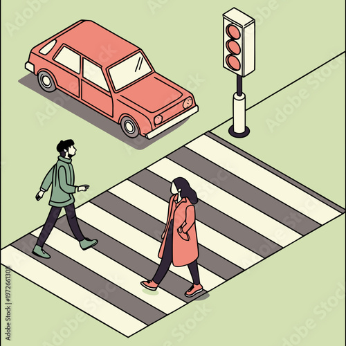 Isometric illustration of people crossing a street at a zebra crossing with a red car stopped at traffic lights with road safety with stop light with daily life with urban landscape with city life