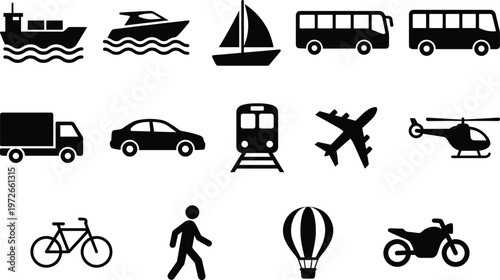 Transportation silhouette icons set with bus, car, train, airplane, ship, bicycle, helicopter, travel and mobility symbols for transport illustration collection vector
