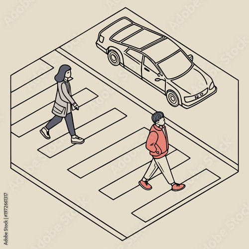 Isometric illustration of two people walking on a zebra crossing in an urban street with a car nearby with daily life with public space with urban landscape with city life with pedestrian zone