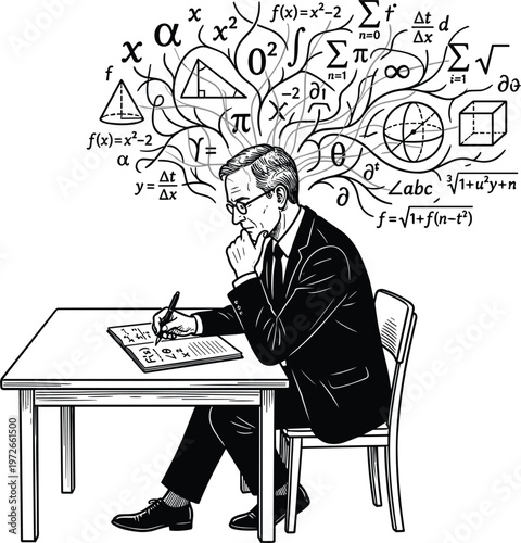 Mathematician solving complex equations with formulas and symbols analytical thinking education concept line art vector illustration.eps