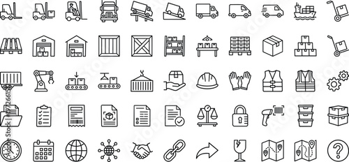 Warehouse logistics and transportation line icon set featuring forklift truck delivery cargo shipping storage safety equipment packaging and supply chain symbols collection