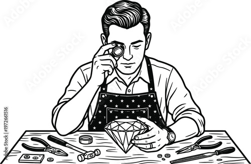 Jeweler examining diamond with loupe at workbench gemstone crafting precision artisan engraving style vector illustration.eps