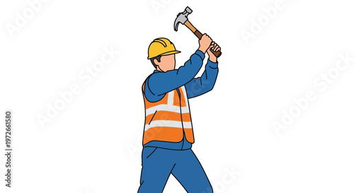 A construction worker wearing a hard hat and safety vest swings a hammer