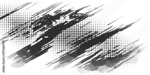 Photos A dynamic composition featuring bold black brush strokes layered over a subtle d