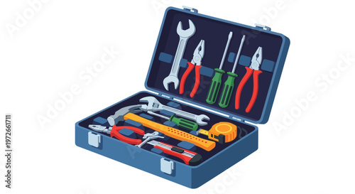 A blue toolbox filled with various colorful tools and equipment for DIY projects and repairs