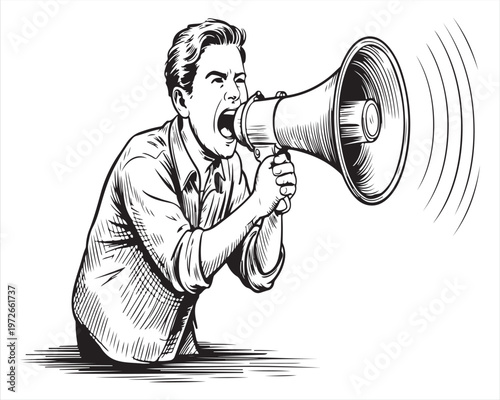 Hand Drawn Man with Megaphone in Vintage Engraving Style