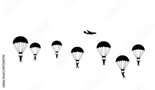 Minimal paratrooper silhouette icons with parachutes and aircraft vector illustration isolated on white background