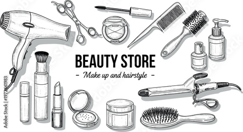 Hand drawn beauty salon tools and cosmetics set including makeup products hair styling equipment and accessories illustration for beauty store concept