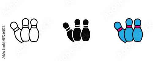 Sports bowling pins icon set in line art, solid black, and vibrant blue color for ten-pin bowling, leisure games, and tournament concepts. Vector Illustration.