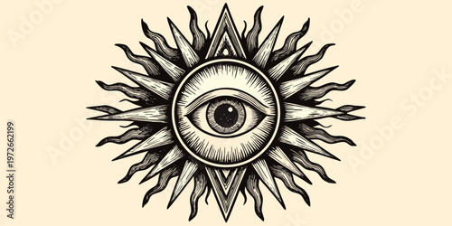 A vintage style illustration of an eye within a radiant sunburst