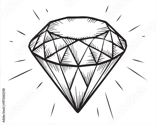 Hand Drawn Diamond Illustration in Vintage Engraving Style, Black and White Line Art Gemstone with Facets and Shine Rays for Luxury, Jewelry and Value Concept Isolated on White Background