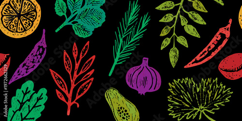 A vibrant hand drawn illustration of various fruits vegetables and herbs