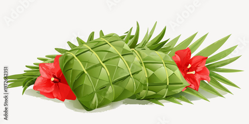 Two green zongzi wrapped in bamboo leaves with red hibiscus flowers