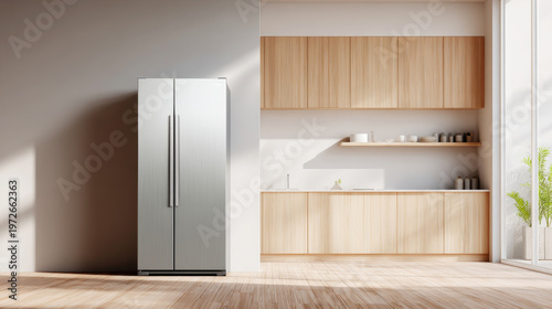 Modern kitchen interior featuring stainless steel refrigerator appliance with wooden cabinets and warm sunlight