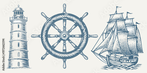 Nautical themed sketch featuring a lighthouse ship s wheel and sailing ship