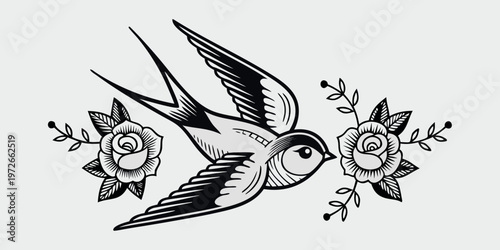 Vintage swallow illustration with roses a classic traditional tattoo design
