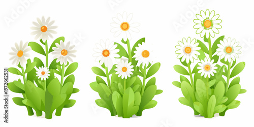 A collection of cartoon daisies in varying sizes and arrangements