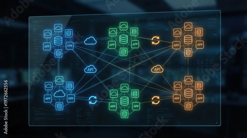 A conceptual illustration of interconnected applications and apis in a networked system with glowing blue green and orange icons on a dark background