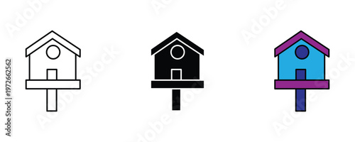 Wooden birdhouse icon set in line art, solid black, and blue-purple color for garden decoration, wildlife shelter, and nature conservation. Vector Illustration.