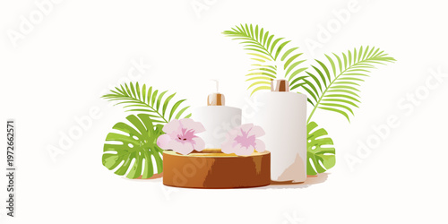 Tropical spa arrangement with candles containers and lush green foliage