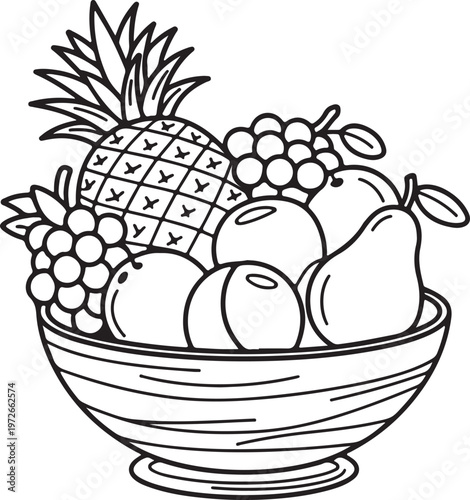 Generous fruit bowl brimming with assorted fresh fruits including pineapple and grapes