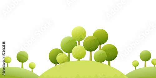 Stylized green hills and rounded trees create a peaceful landscape