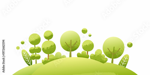 Stylized green landscape with rolling hills and rounded trees