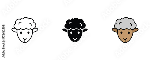 Cute sheep head and ram face icon set in line art, solid black, and natural grey-brown color for farm animal, wool production, and livestock agriculture concepts. Vector Illustration.