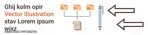 Business strategy, digital tools, workflow process, document sharing, teamwork, file management. File folders linked to a document and pen with arrows. Workflow process and file management