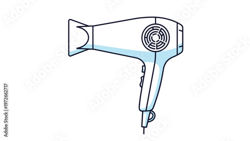 Modern white hair dryer with blue accents is shown in a side view profile illustration suitable for beauty salon and personal care themes.