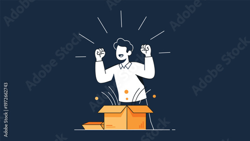 Happy man celebrates with his arms raised as he opens a cardboard box filled with glowing particles or orange bubbles on a dark background.