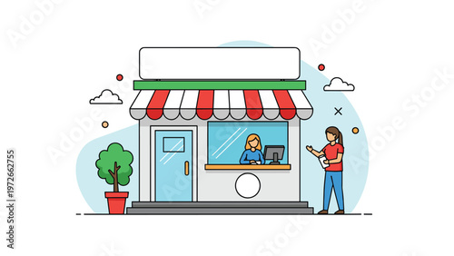 Small retail storefront features a red and white striped awning and a counter where a shopkeeper is helping a customer with a purchase.