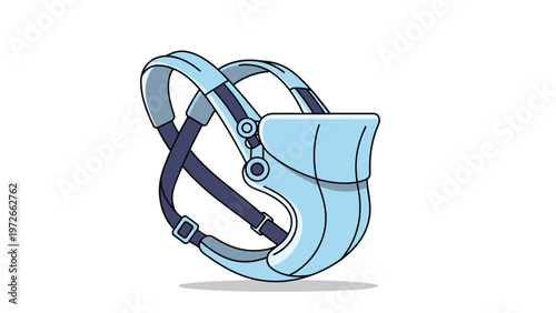 Practical light blue baby carrier backpack with dark navy straps is shown in a three quarter view against a simple white background.