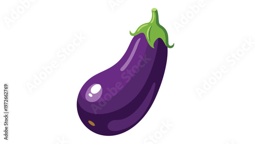 Vibrant illustration of a single dark purple eggplant with a green stem and shiny reflections is shown on a plain white background.