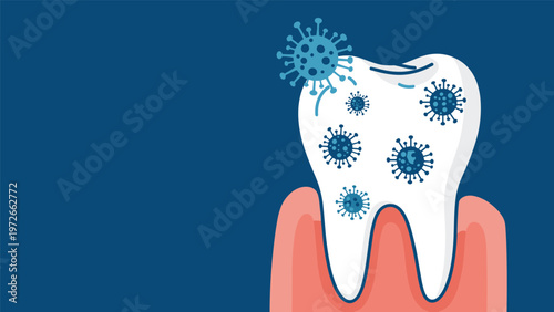 Medical illustration shows a human tooth and pink gums being attacked by several blue virus or bacteria cells to represent dental disease.
