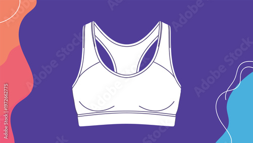 White sports bra is centered against a vibrant purple background with orange and blue abstract wave shapes for a fitness clothing design.
