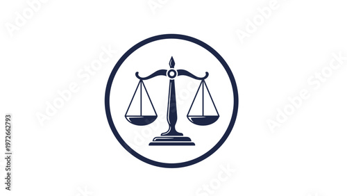 Dark navy blue icon of the scales of justice is enclosed in a thick circular border representing legal law and judicial balance.