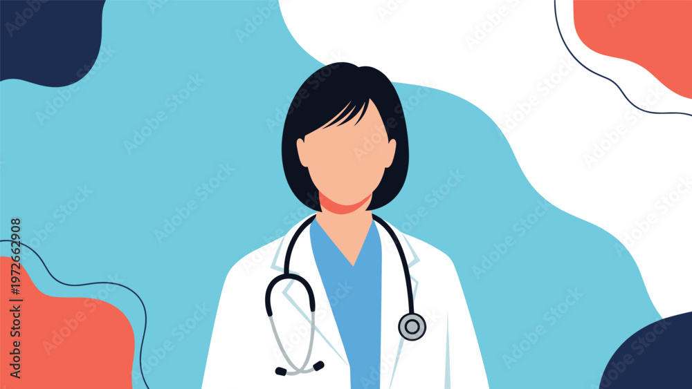 Fototapeta premium Professional female doctor wearing a white lab coat and a stethoscope stands against an abstract background of blue and coral shapes.