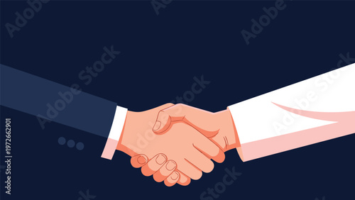 Professional handshake between two individuals in business suits occurs against a solid dark blue background to symbolize agreement.