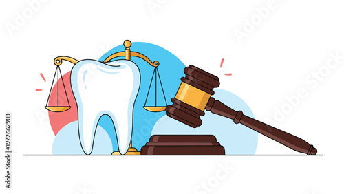Dental law concept illustration features a large human tooth positioned next to a gold scale of justice and a dark wood legal gavel.