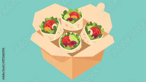 Open brown cardboard takeout container filled with four fresh salad wraps containing lettuce and tomato slices on a teal background.