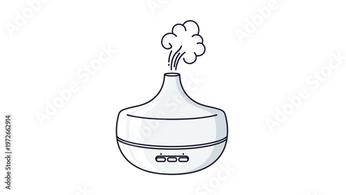 Modern white ultrasonic essential oil diffuser emitting a gentle plume of aromatic steam is shown in a clean line-art illustration.